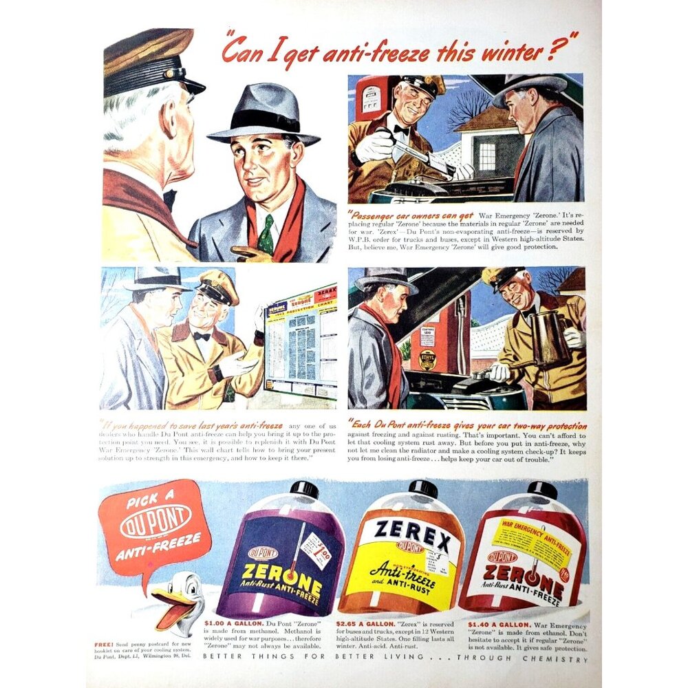 PRINT AD 1943 Dupont Anti Rust Anti-Freeze War Emergency Zerone WWII 10.5x14